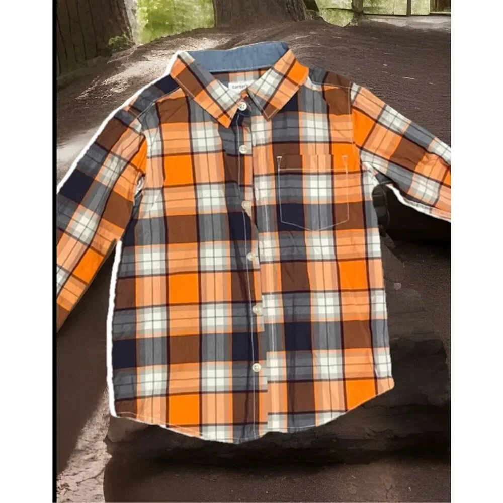 Carters‎ Boys Size 8 Button Front Shirt Orange Black Plaid Short Sleeves